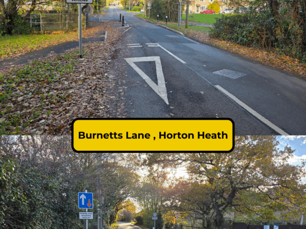 Collage of 2 views of a road and pedestrian crossing - Burnetts Lane
