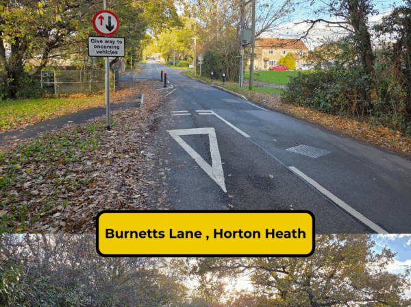 Collage of 2 views of a road and pedestrian crossing - Burnetts Lane