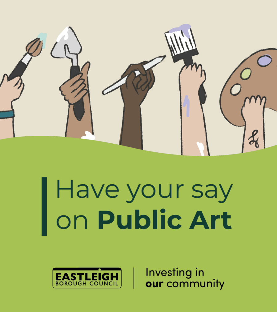 Illustrated hands holding up various art tools with a green banner