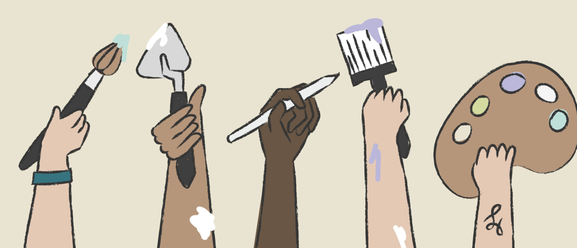 Illustrated hands holding up various art tools