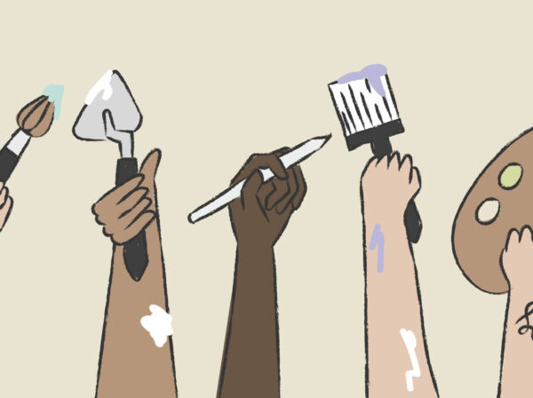Illustrated hands holding up various art tools