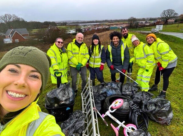 Selfie of OHH and Wates team of litter pickers in high-vis