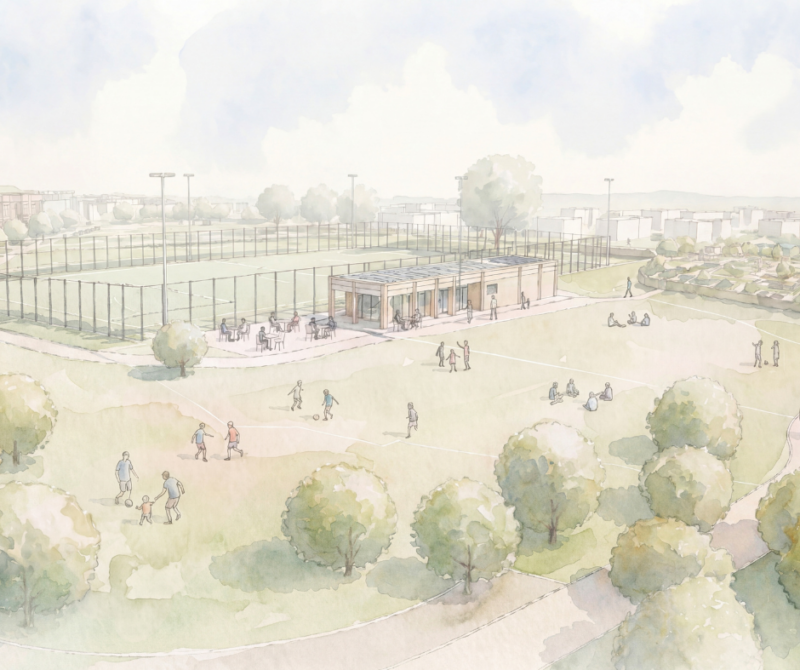 watercolour artists impression of Horton Heath Primary School's / shared pitch at OHH