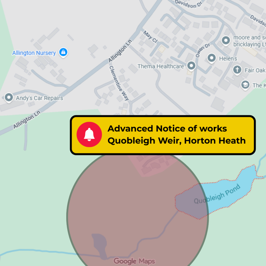 Google Map showing map of Horton Heath area near Quobleigh Weir circled in red with an alert icon