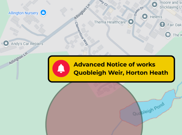 Google Map showing map of Horton Heath area near Quobleigh Weir circled in red with an alert icon