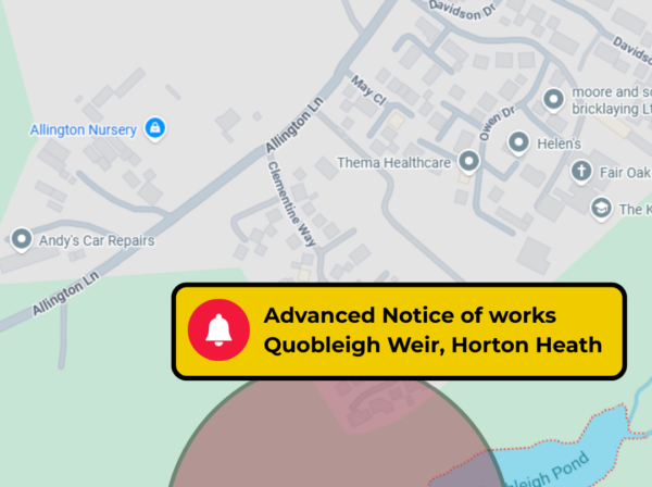 Google Map showing map of Horton Heath area near Quobleigh Weir circled in red with an alert icon