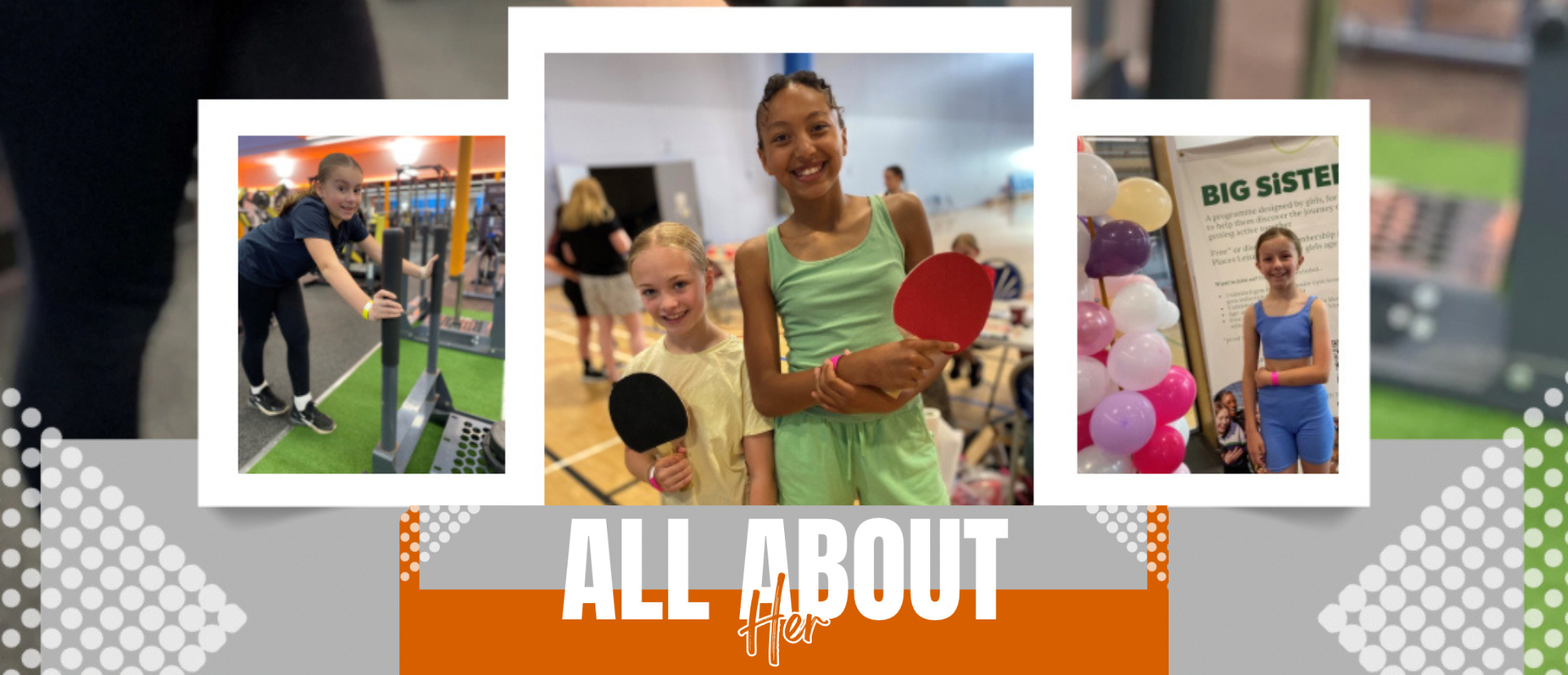 Girls holding table tennis racquets smiling with 'All About Her' Logo