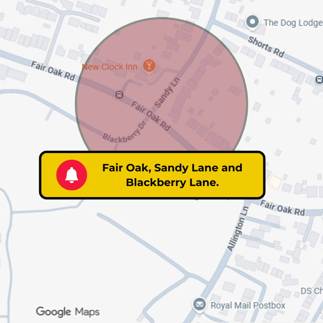 Google map section with red circled area showing works due on Fair Oak Road Junction