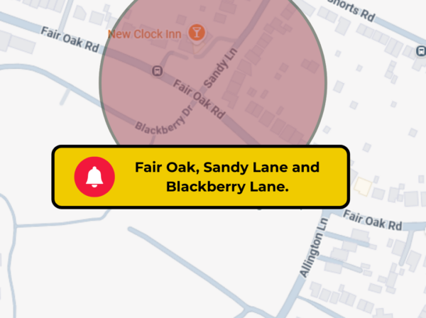Google map section with red circled area showing works due on Fair Oak Road Junction
