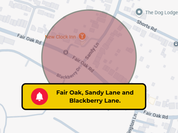 Google map section with red circled area showing works due on Fair Oak Road Junction