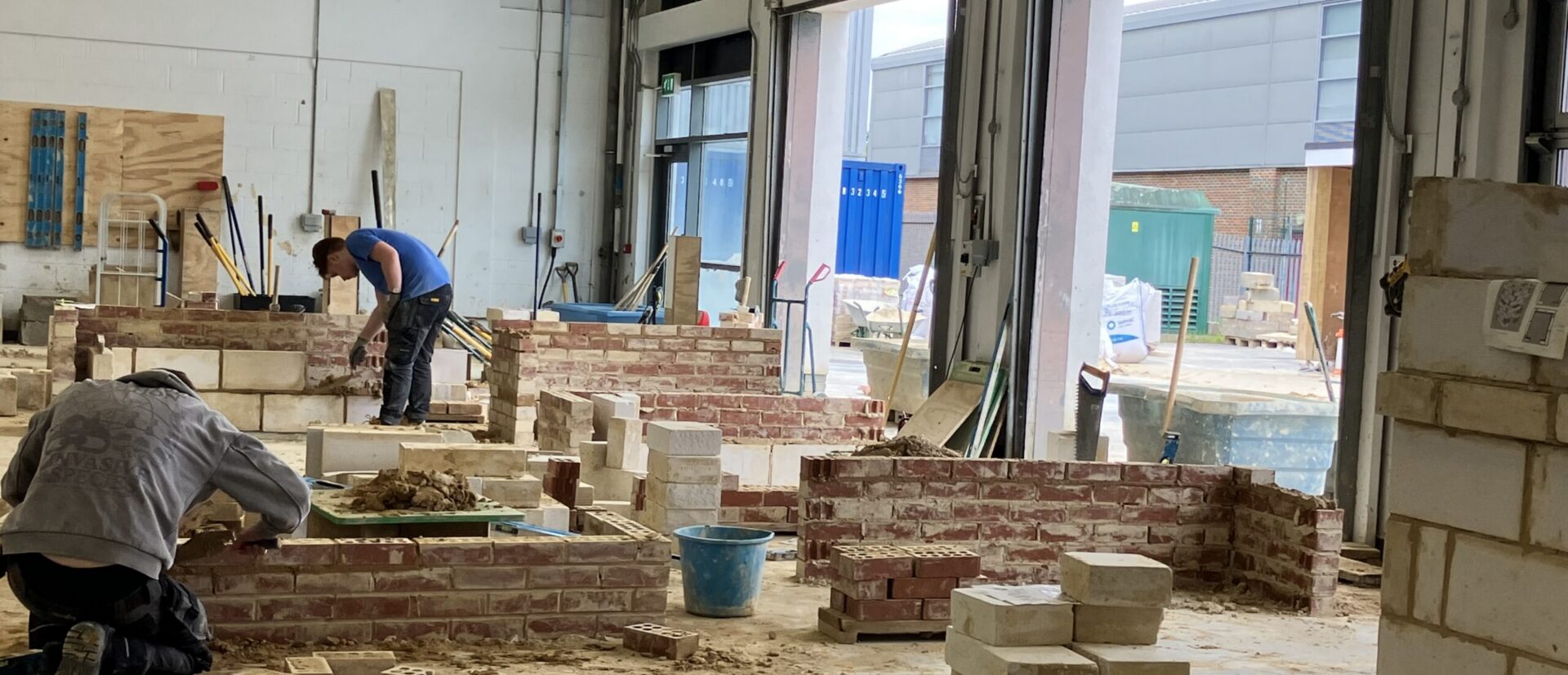Bricklaying students at Eastleigh College in the workshop