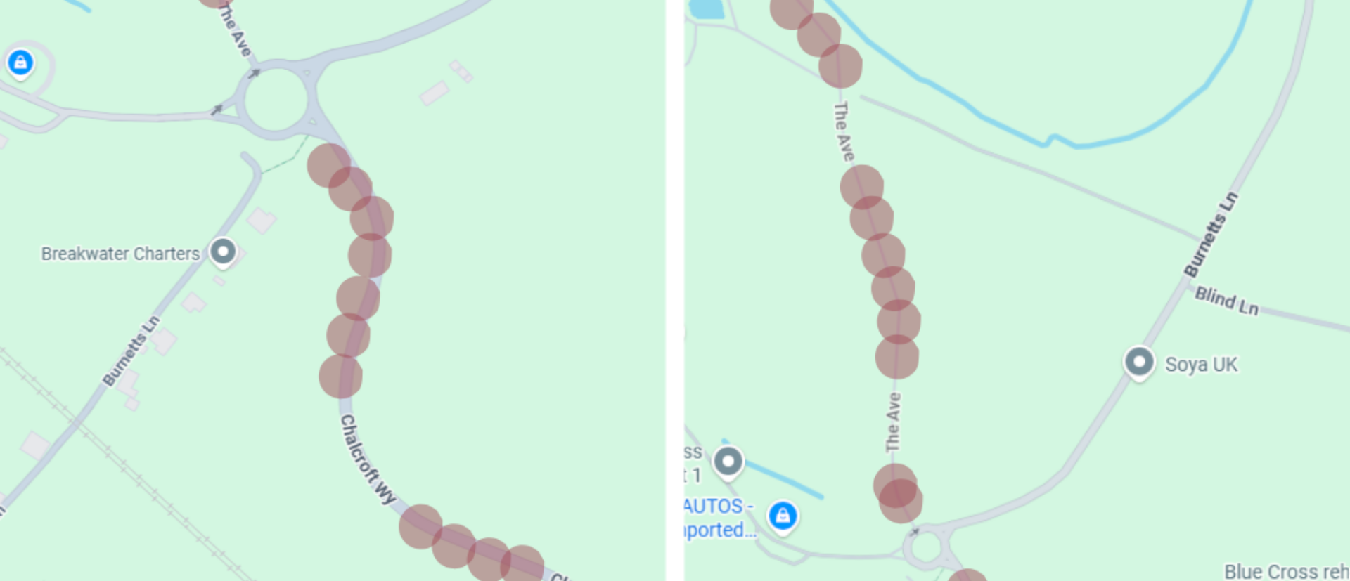 Google Maps screenshot showing The Avenue and Chalcroft Way, Horton Heath highlighted to advise of an advanced temp road closure