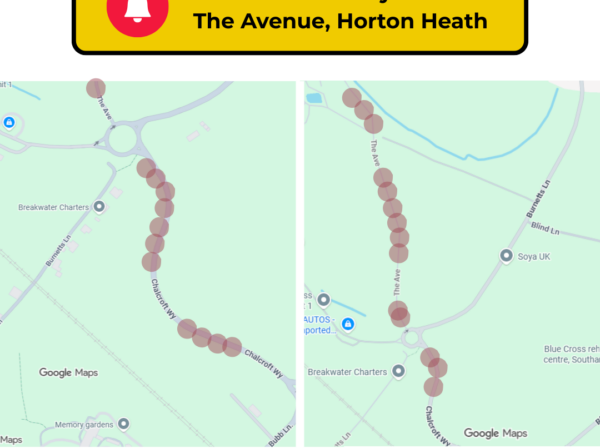 Google Maps screenshot showing The Avenue and Chalcroft Way, Horton Heath highlighted to advise of an advanced temp road closure