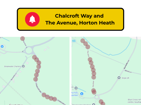 Google Maps screenshot showing The Avenue and Chalcroft Way, Horton Heath highlighted to advise of an advanced temp road closure