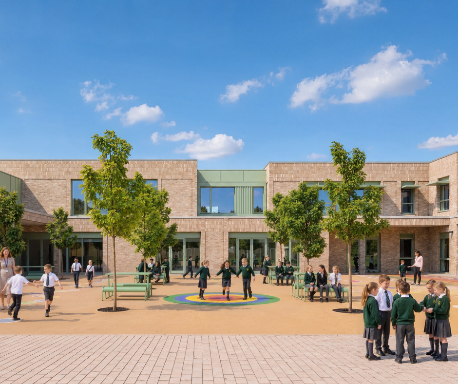 OHH School front courtyard with children and parents