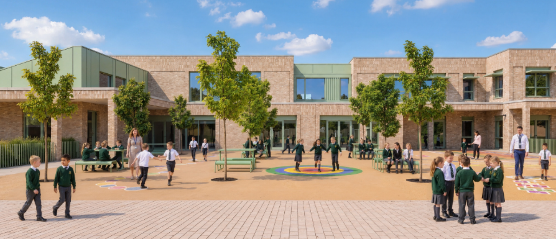 OHH School front courtyard with children and parents