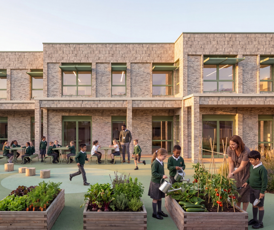OHH School rear courtyard with children playing and teachers assisting