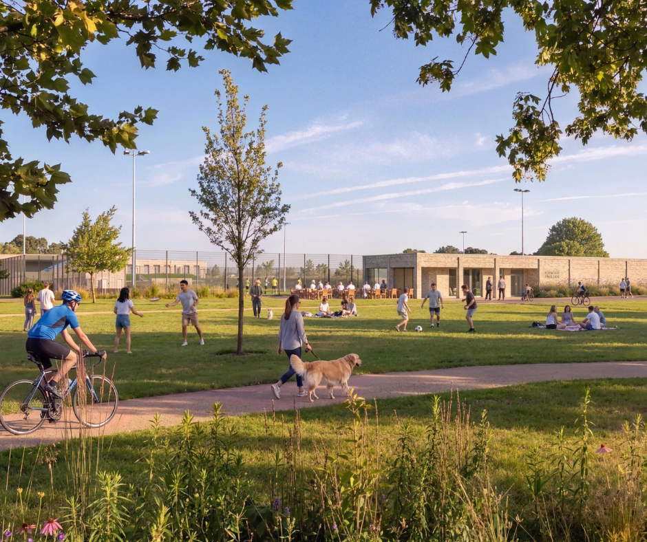 OHH School pavilion with people enjoying the green space