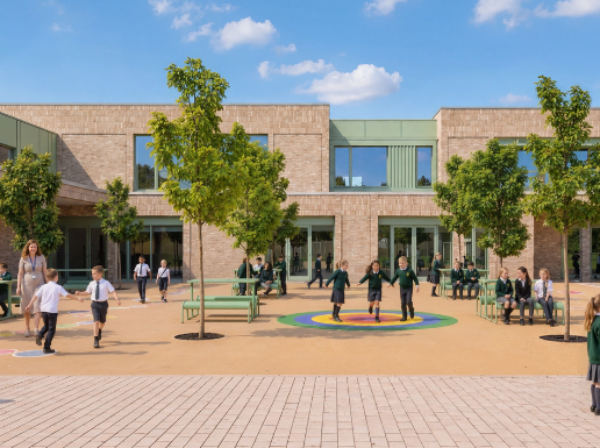 OHH School front courtyard with children and parents