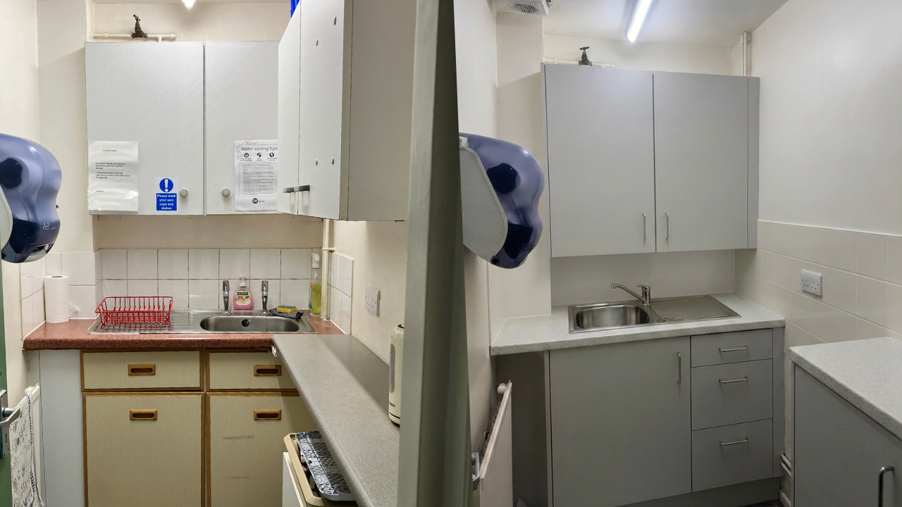 Before and after smaller kitchen refurb - old and dated, now to light and clean