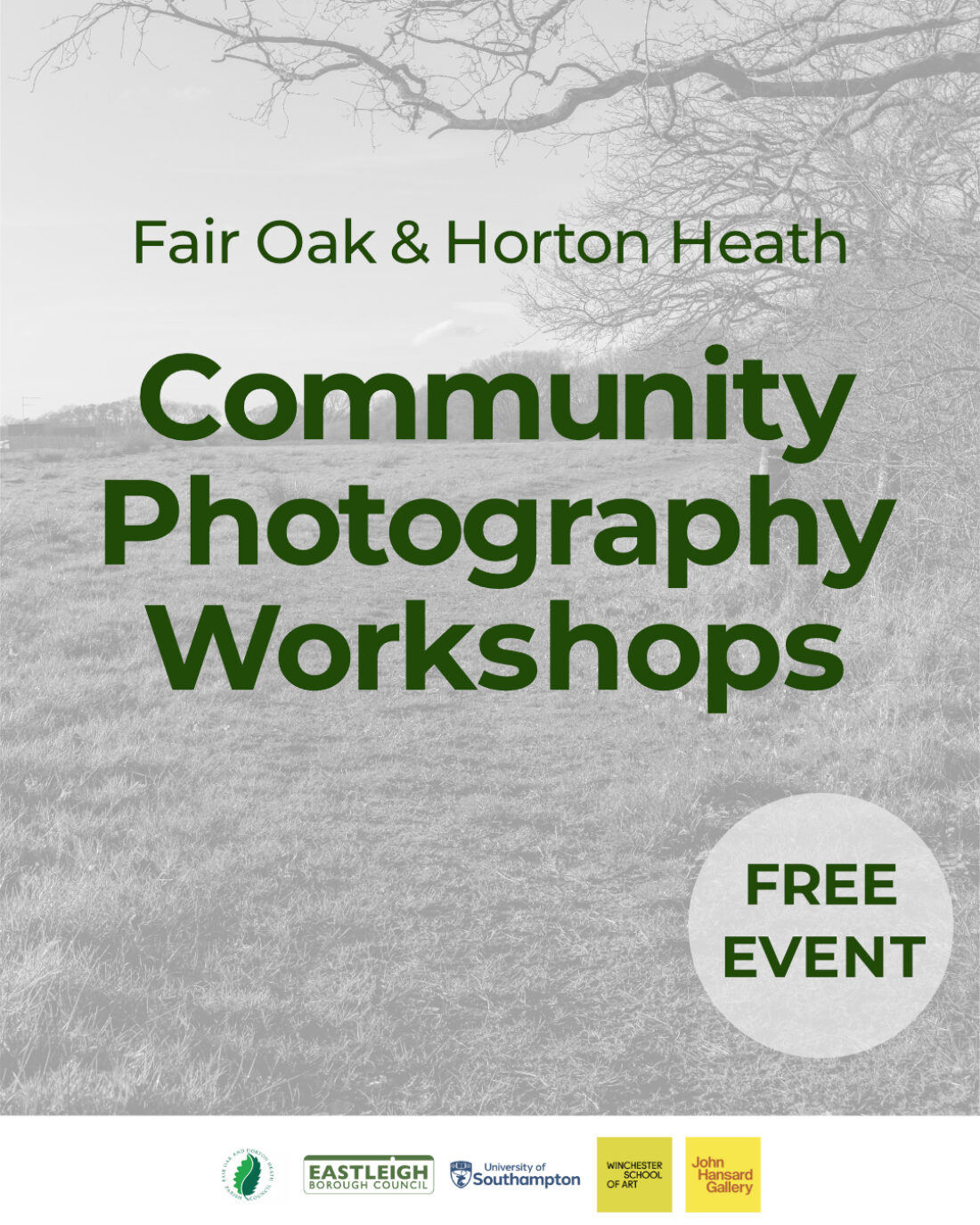 Fair Oak and Horton Heath Community Photography Workshops with black and white image of a field in the background, with the word 'free' highlighted